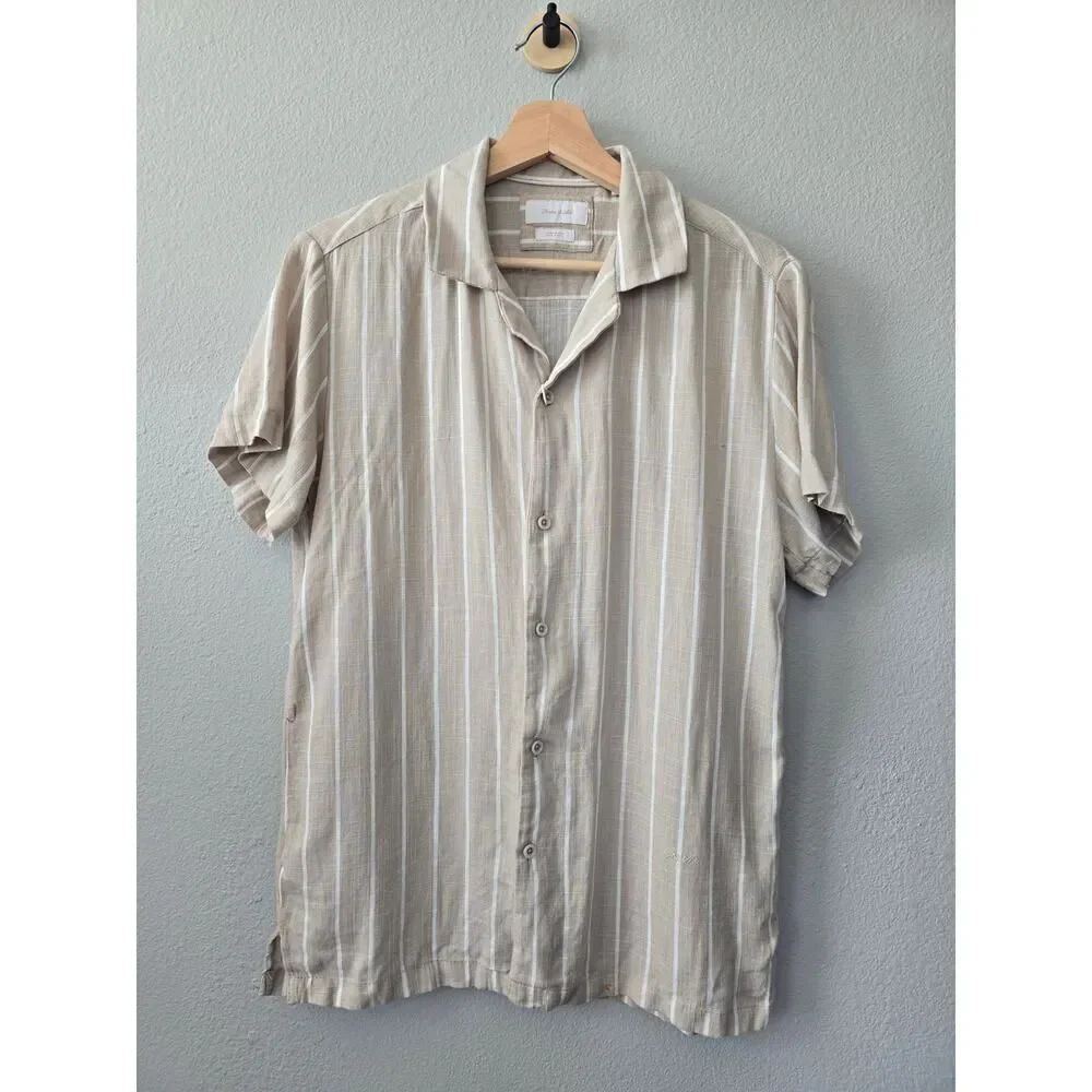 Porter & Ash Linen Blend Short Sleeve Button Up Casual Shirt Beige Stripe S NWT
